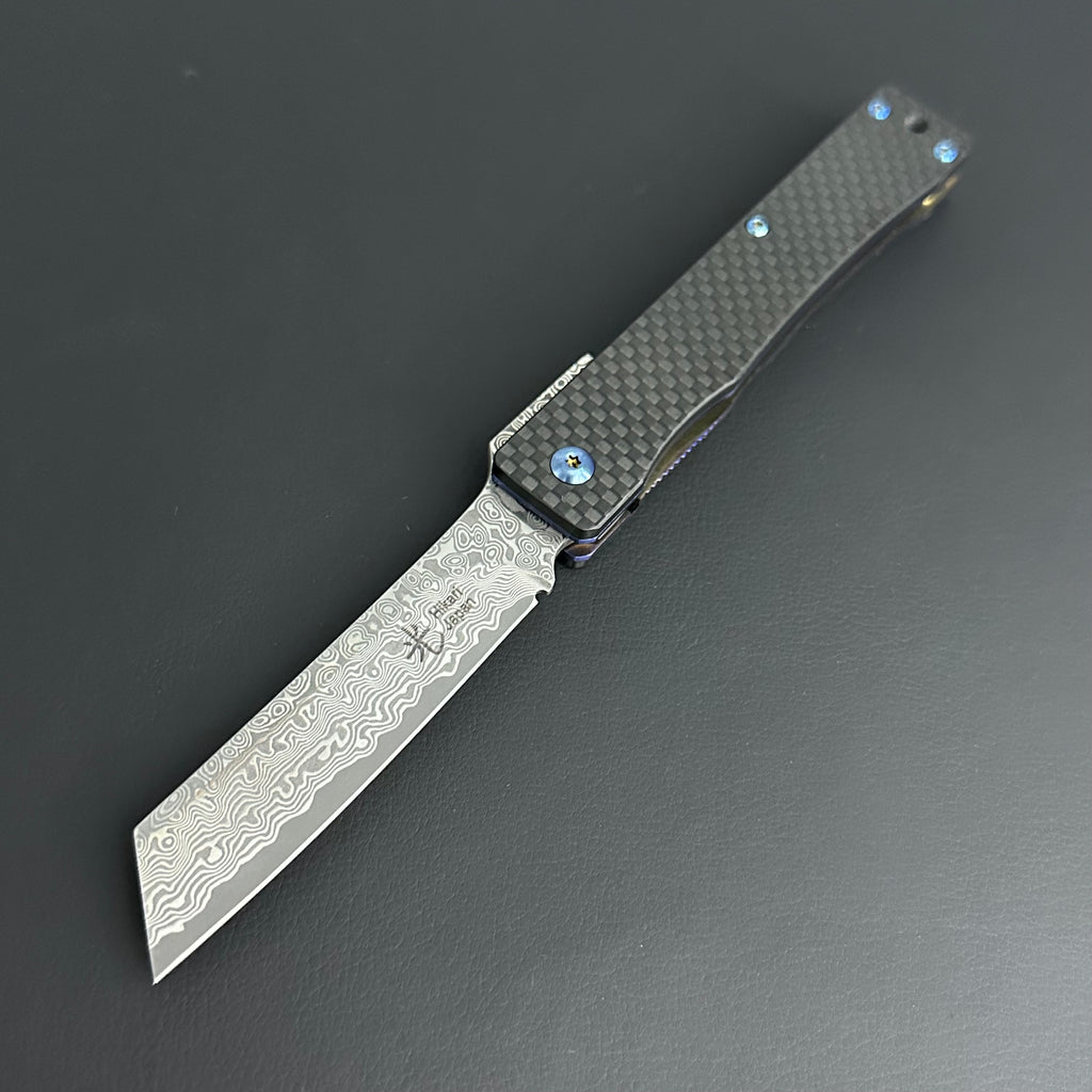 Hikari Folding Knife AUS8 Stainless Steel Damascus Carbon Fibre Handle