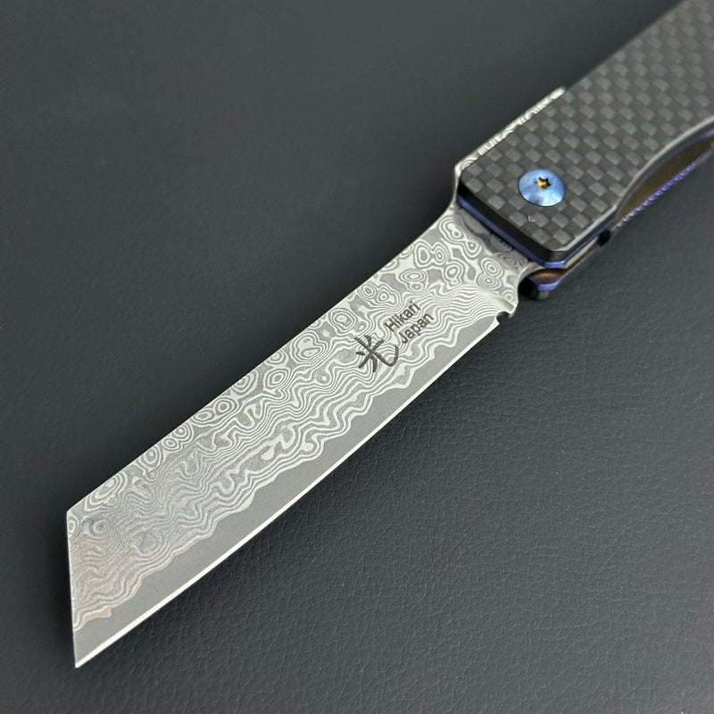 Hikari Folding Knife AUS8 Stainless Steel Damascus Carbon Fibre Handle