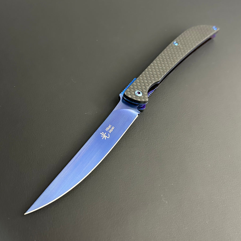 Hikari Folding Knife D2 Stainless Steel Blue Coating Carbon Fibre Handle