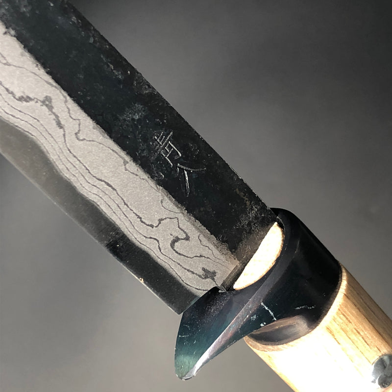 Kurouchi Forged Sword Hunting Knife Fixed Blade 100 mm (3.9 in) Damascus Aogami (Blue) #2 Double-Bevels
